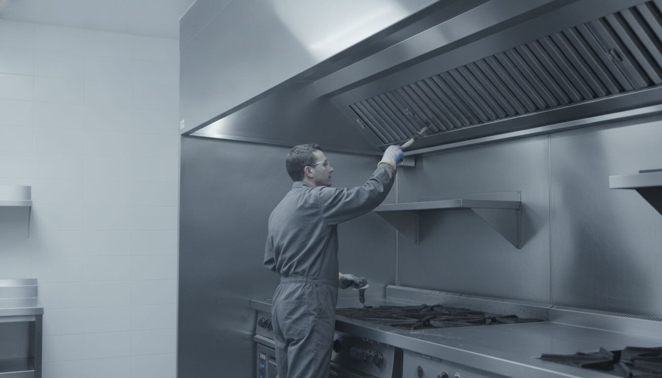 Technician cleaning a commercial kitchen exhaust hood