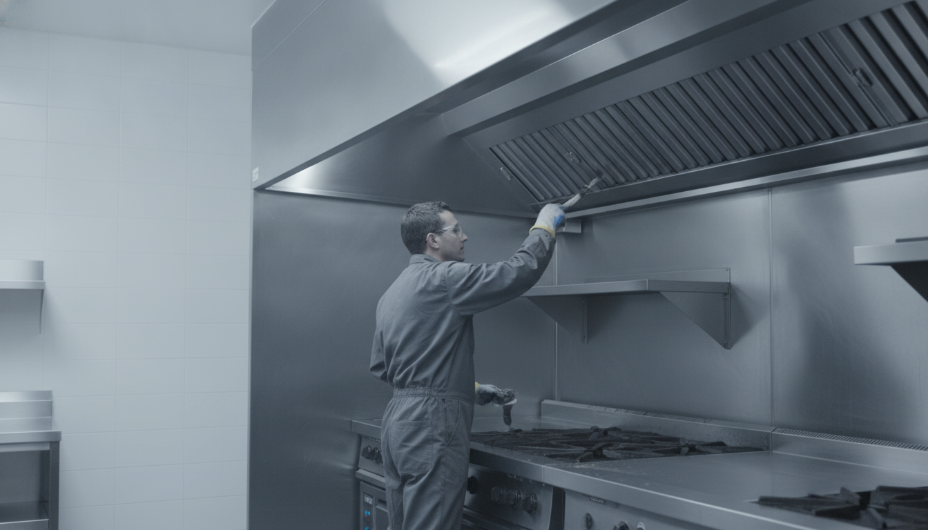 Technician cleaning a commercial kitchen exhaust hood